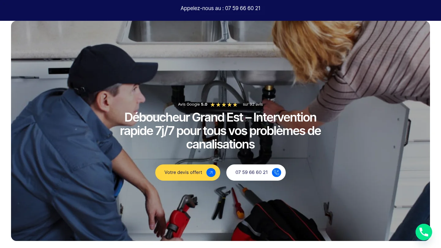 Capture de la page d’accueil de Déboucheur Grand Est