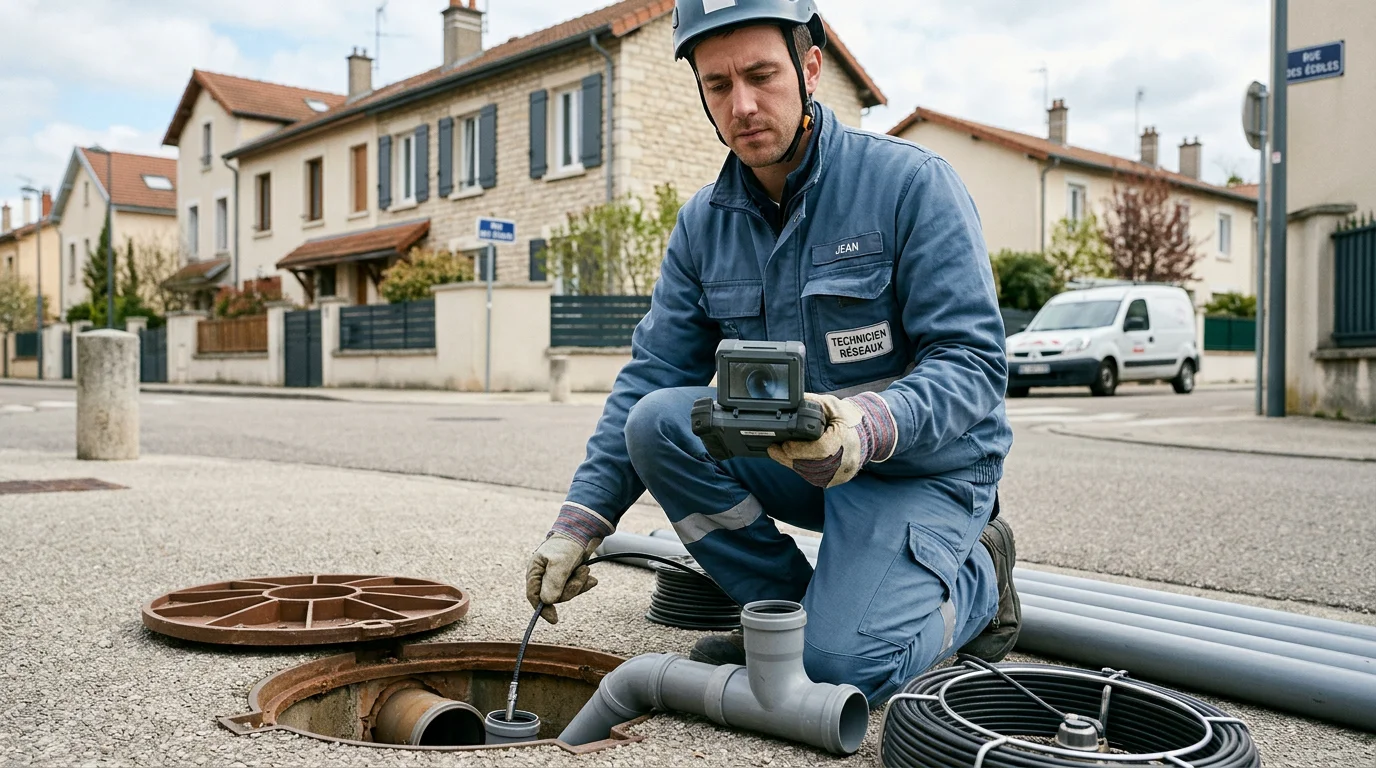 Technicien inspectant un réseau de canalisations extérieur en France