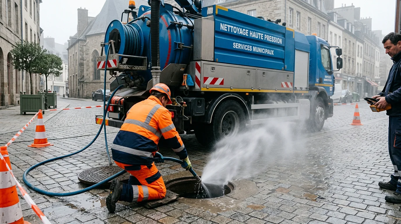 Camion hydrocureur nettoyant une canalisation par jet haute pression