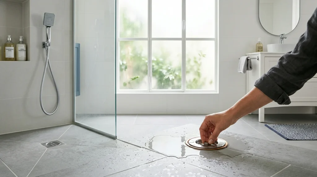 Eau stagnant lentement au niveau d'une bonde de douche bouchée