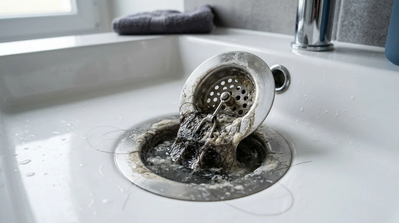 Bonde de lavabo obstruée par des cheveux et des résidus de savon