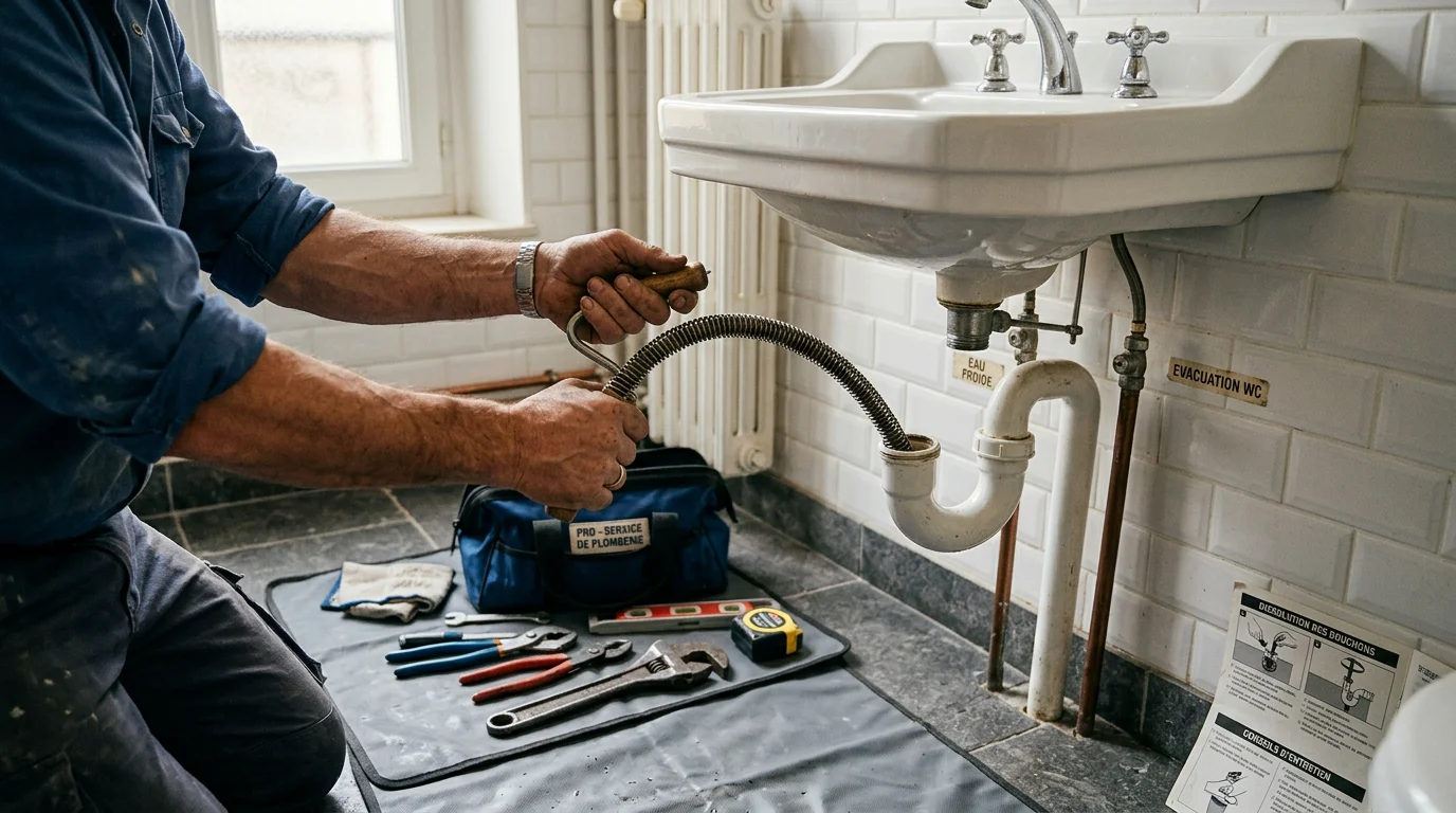 Utilisation d'un furet manuel pour déboucher une canalisation de salle de bain