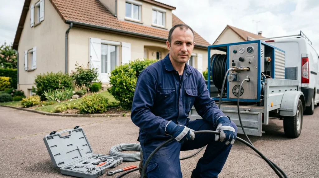 Technicien de débouchage de canalisation intervenant devant une maison