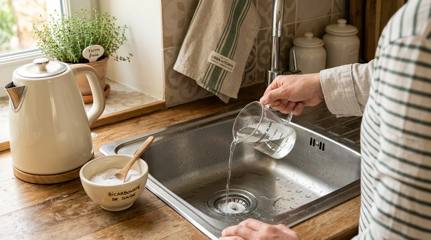 Mains versant du vinaigre blanc dans un évier de cuisine à côté d'un bol de bicarbonate