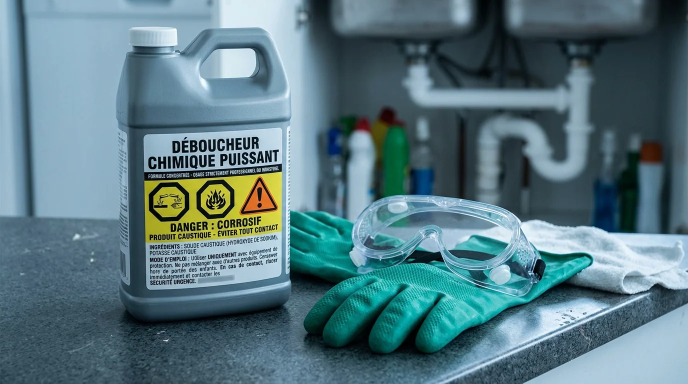 Déboucheur chimique posé près de gants et de lunettes de protection dans une cuisine