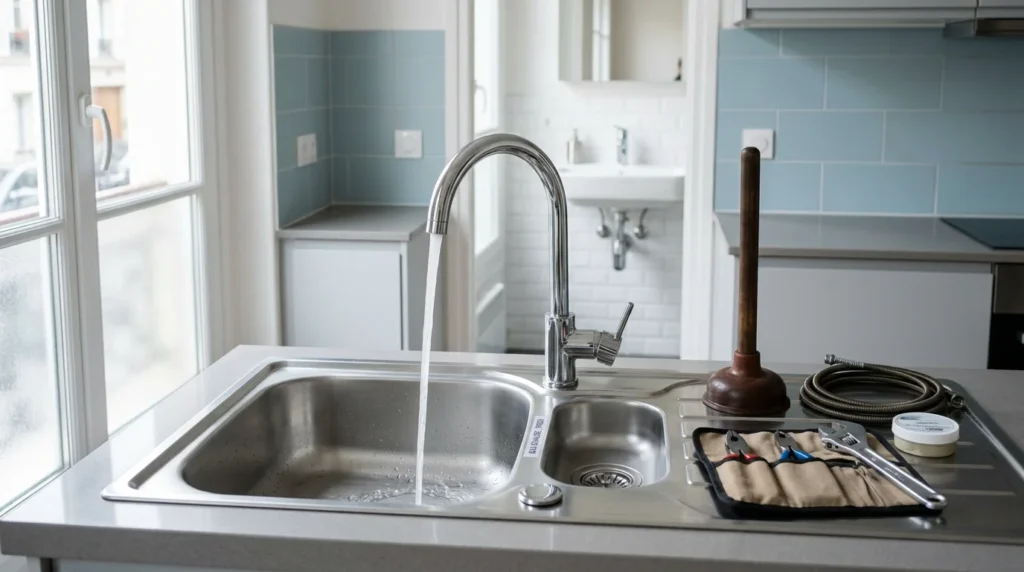Outils de débouchage disposés près d'un évier propre