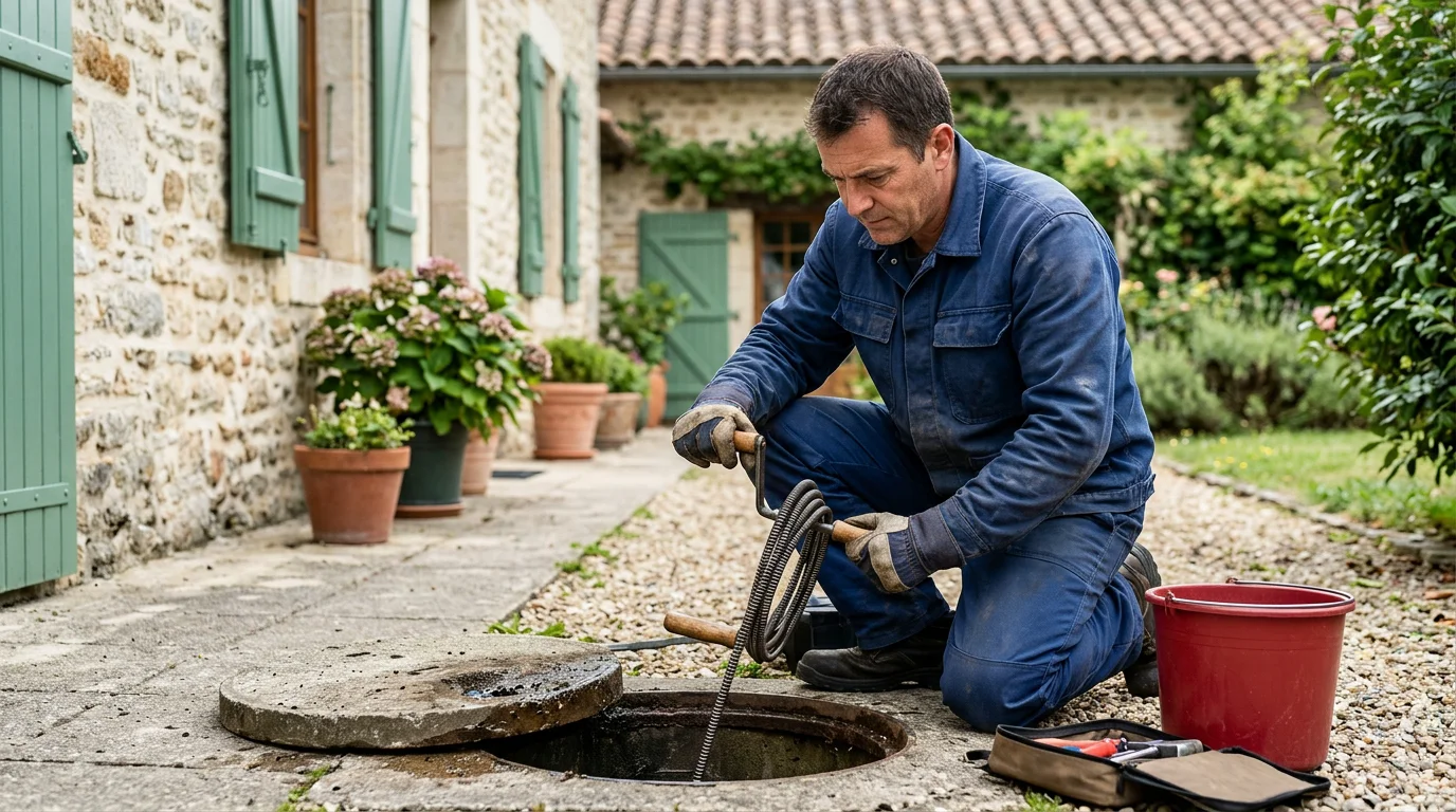 Technicien utilisant un furet sur une canalisation extérieure