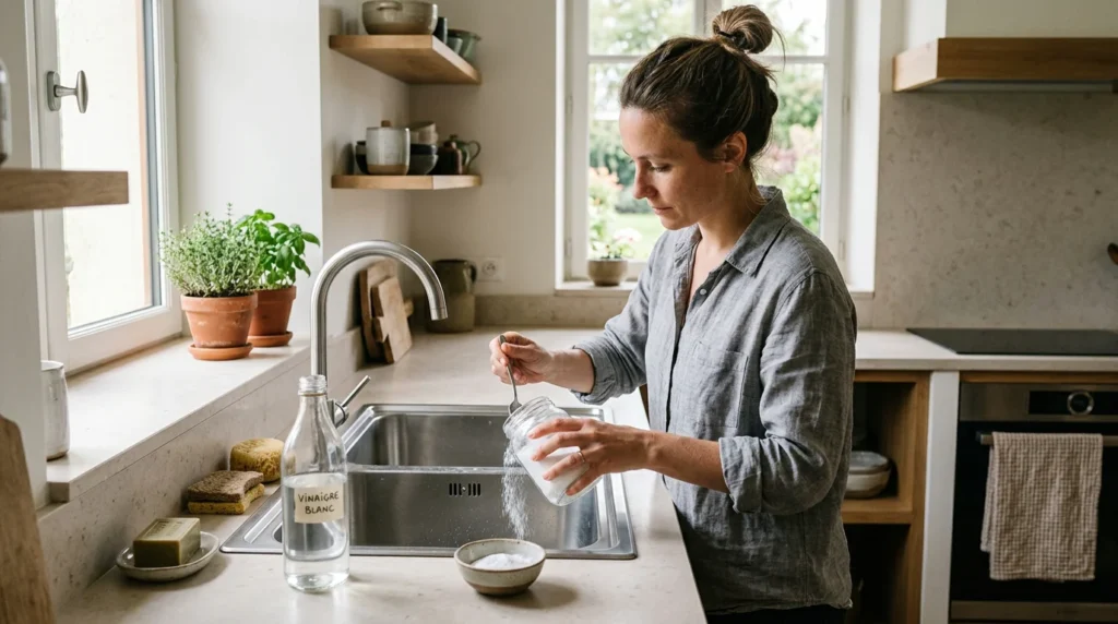 Personne versant du bicarbonate de soude dans un évier pour déboucher une canalisation