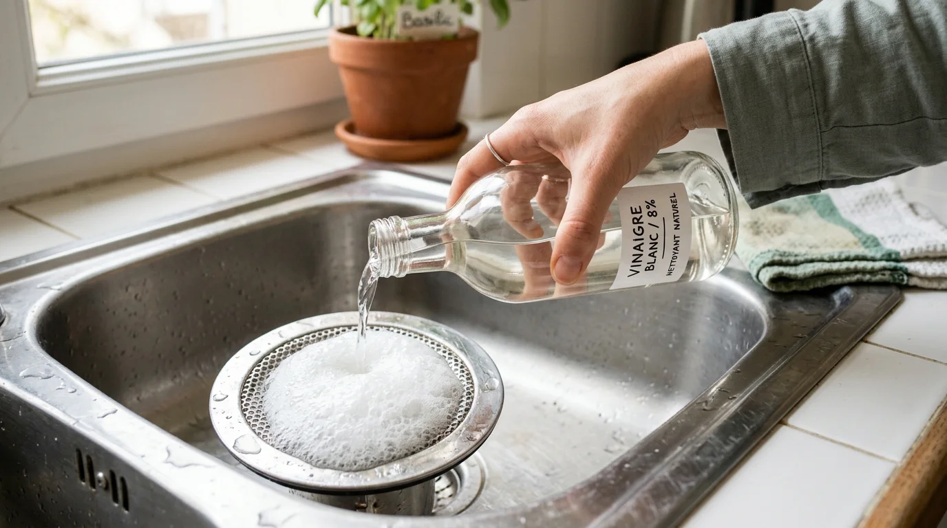 Vinaigre blanc versé sur du bicarbonate dans une bonde d'évier avec effervescence