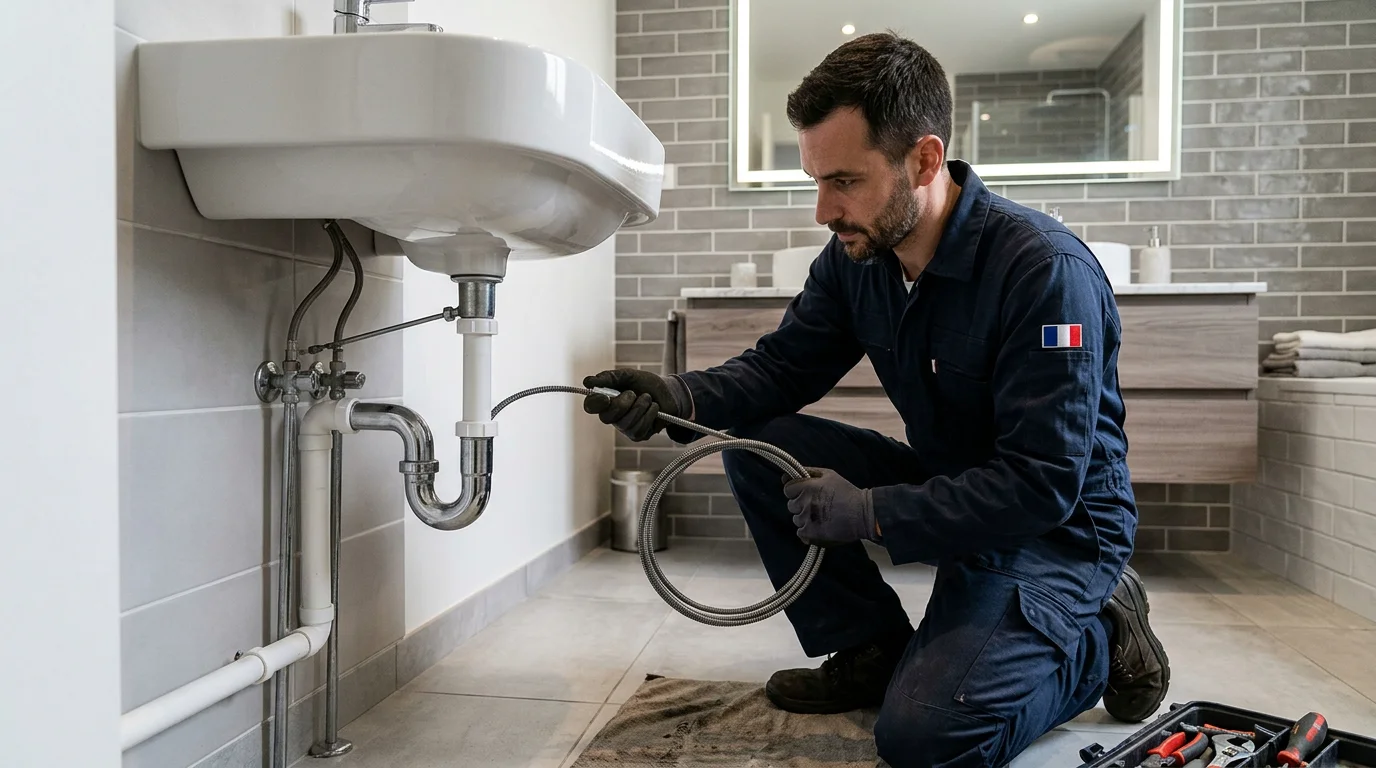 Plombier utilisant un furet pour déboucher une canalisation sous un évier
