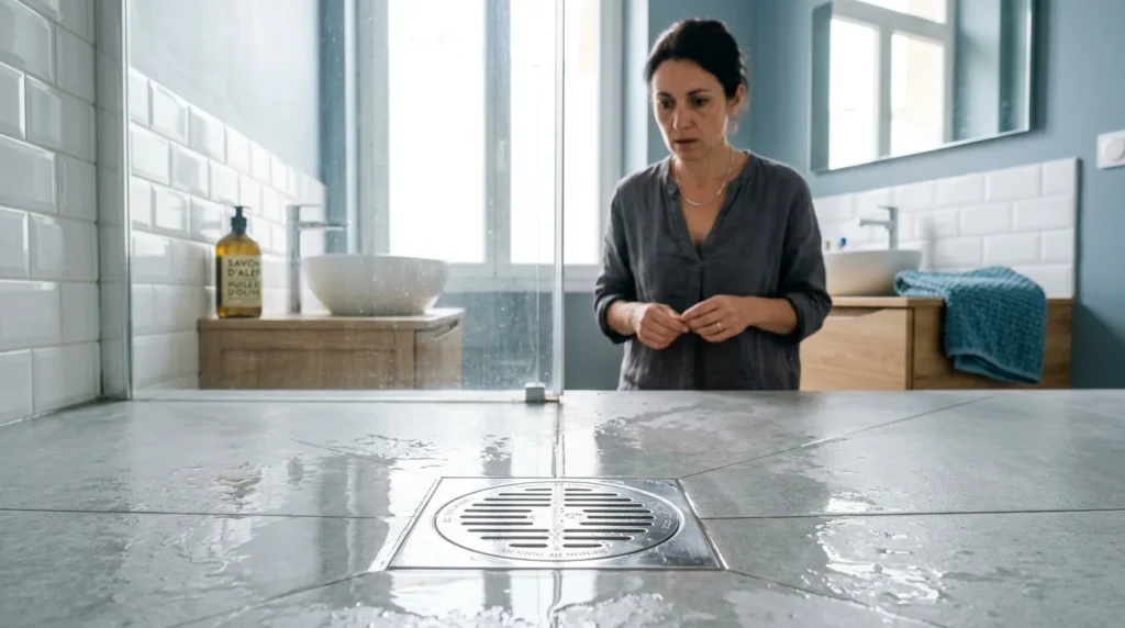 Eau stagnante dans une bonde de douche signalant un bouchon