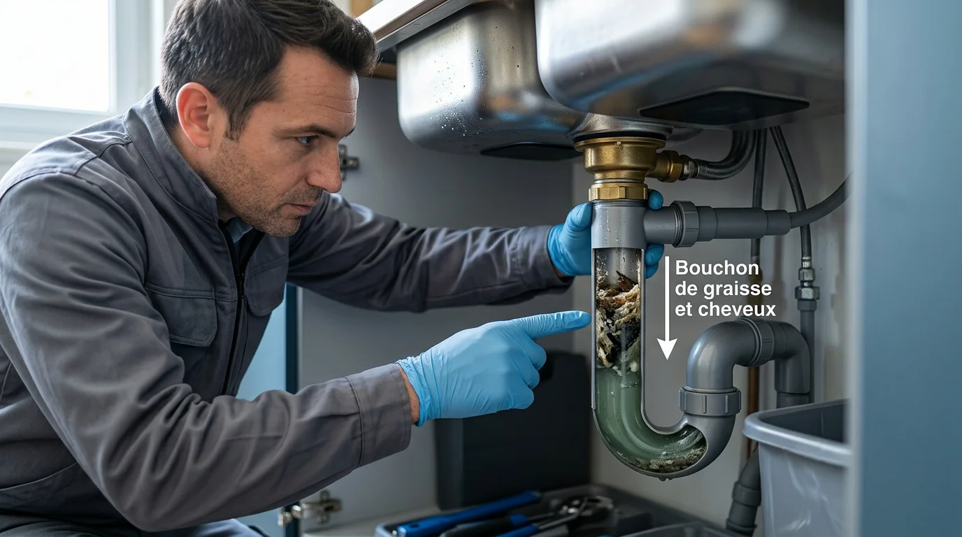 Siphon d'évier obstrué par de la graisse et des résidus