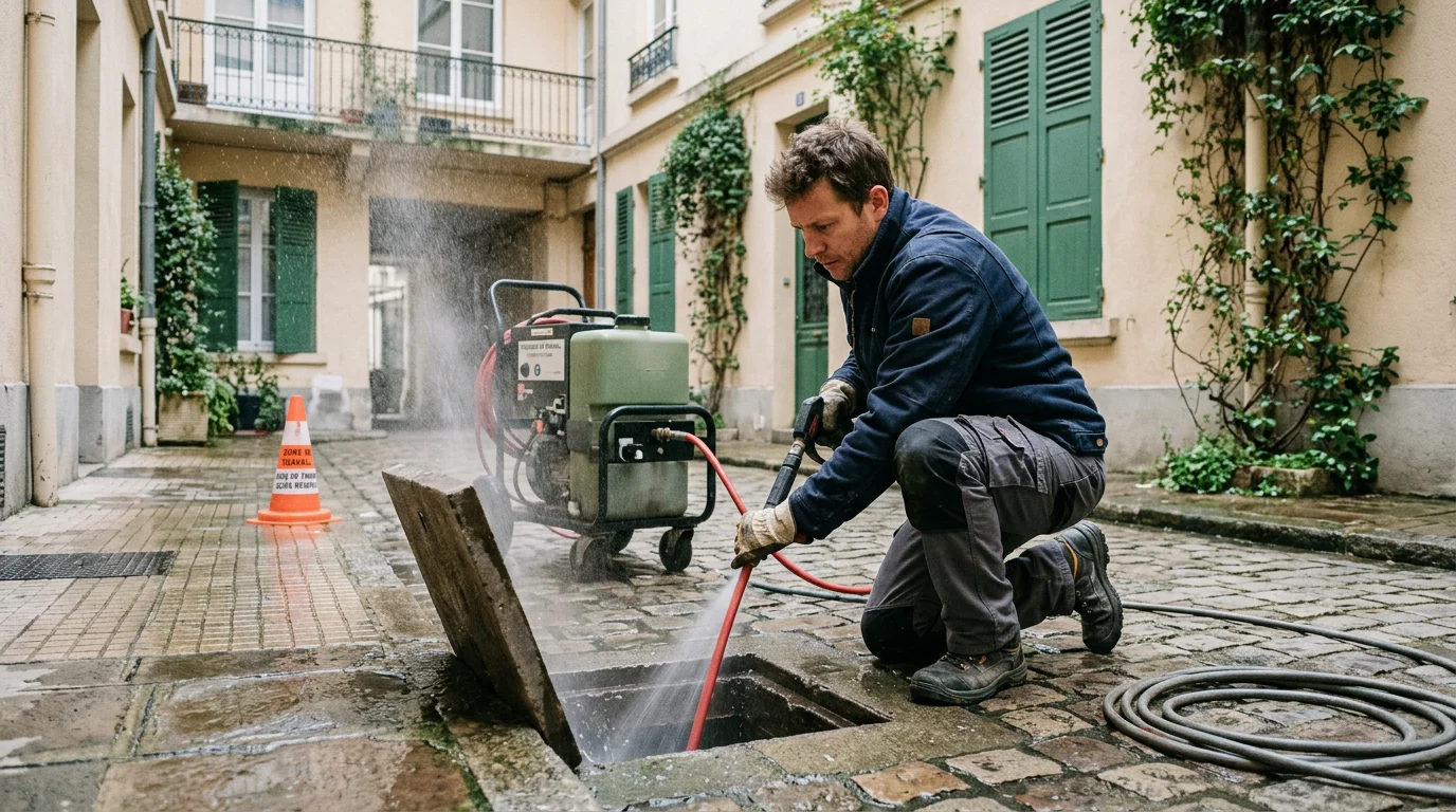 Technicien réalisant un hydrocurage sur une canalisation extérieure