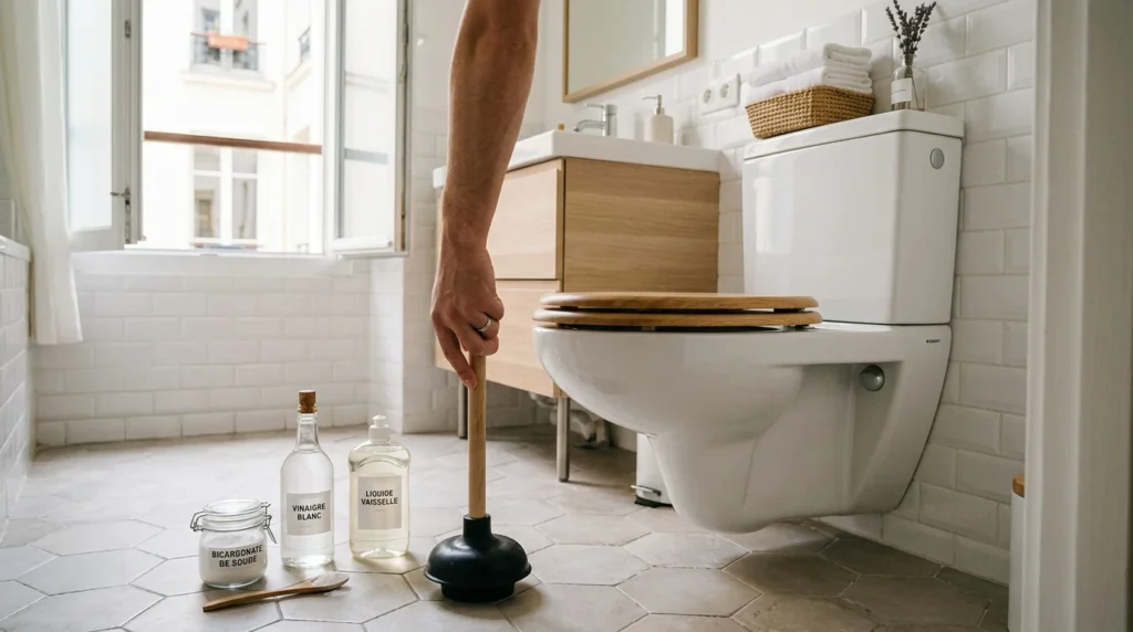 Débouchage d'un WC avec une ventouse et des produits ménagers naturels dans une salle de bains