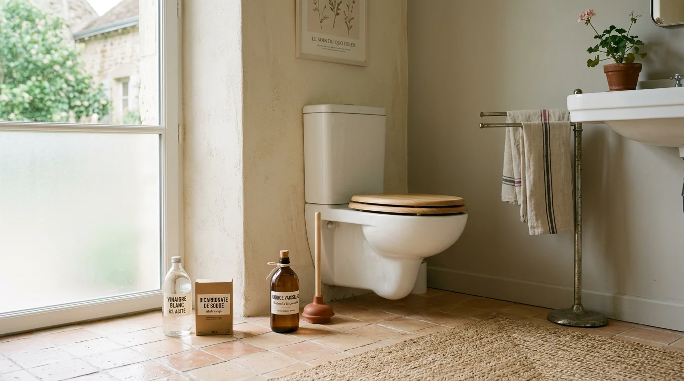 Produits ménagers naturels disposés près d'une cuvette de WC pour déboucher les toilettes