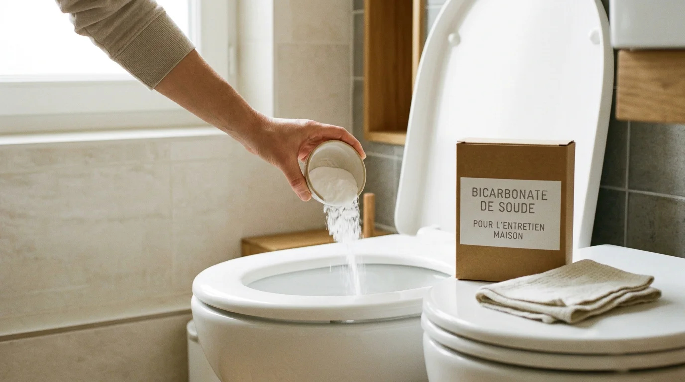 Entretien préventif d'un WC avec du bicarbonate de soude versé dans la cuvette