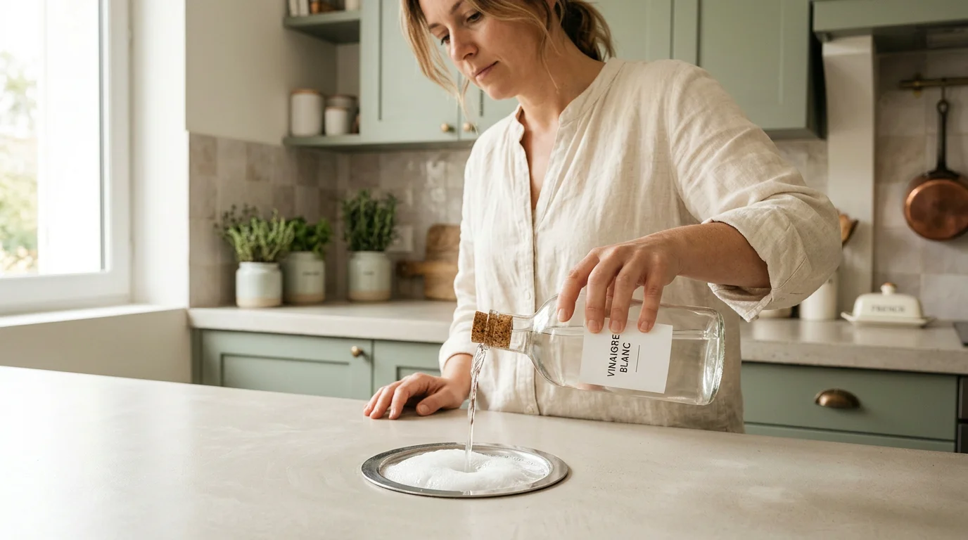 Personne versant du vinaigre blanc dans l'évier après le bicarbonate