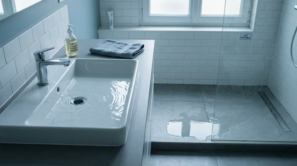 Eau s'évacuant lentement dans un évier signalant un drain bouché