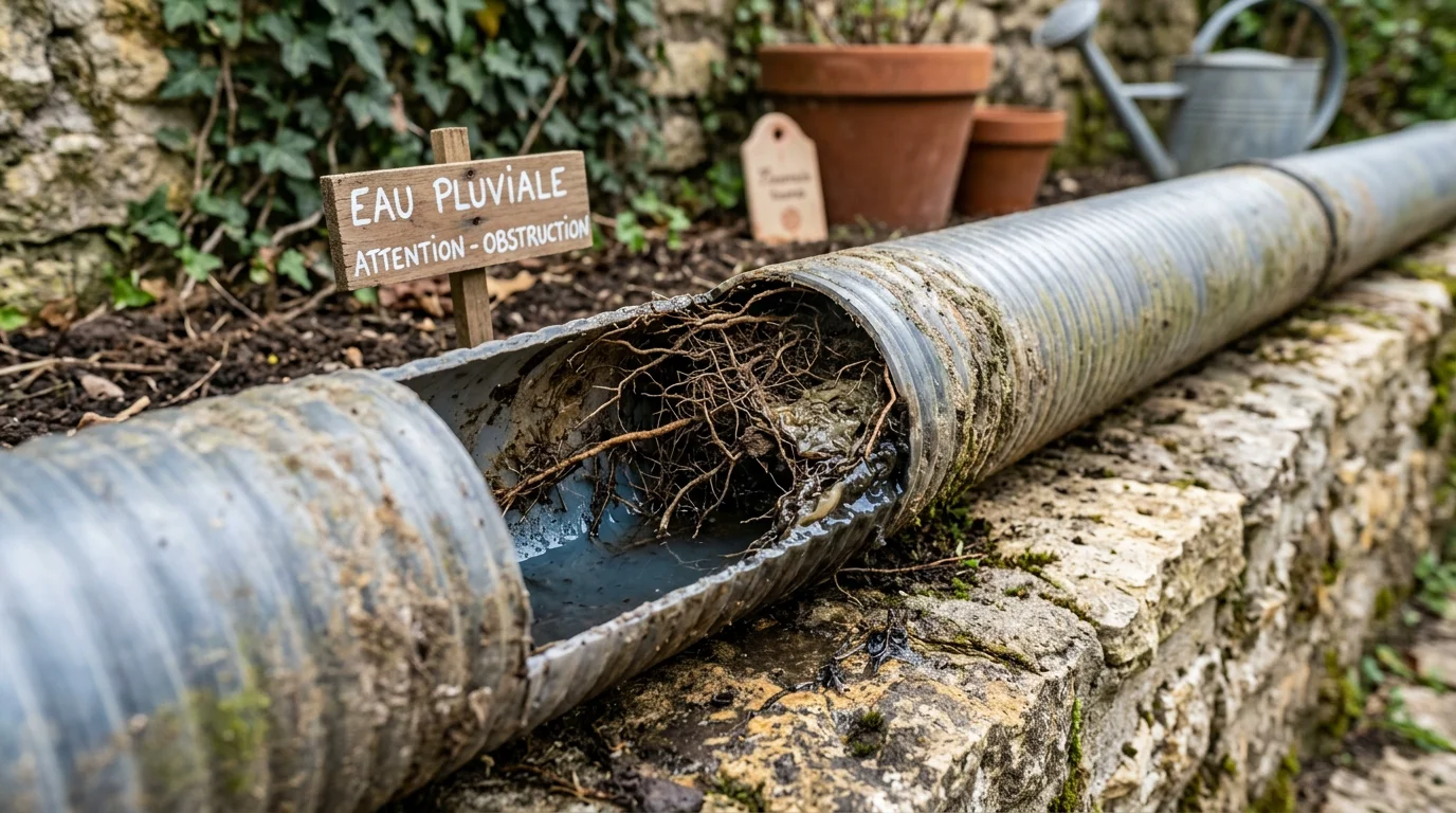 Drain extérieur obstrué par des racines et des dépôts