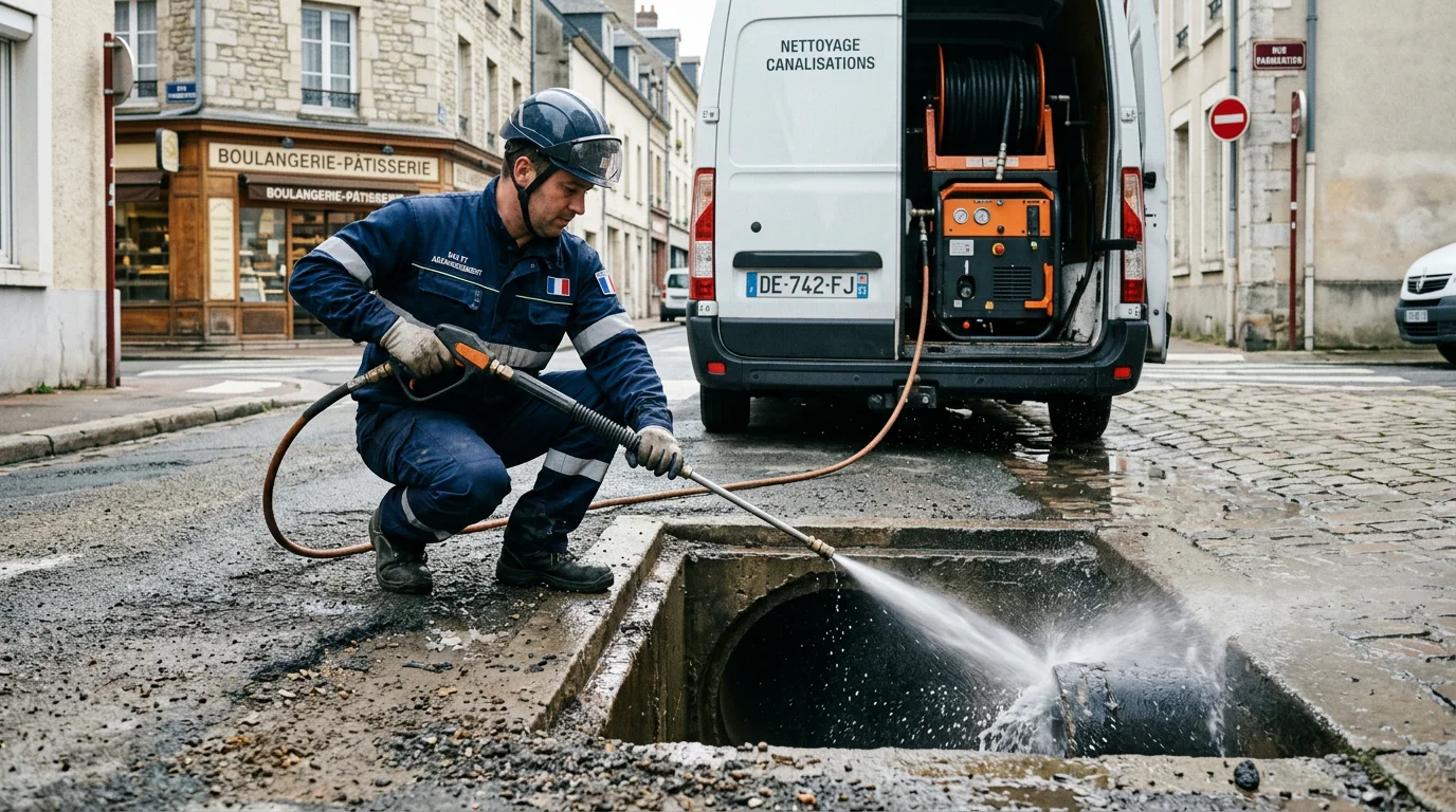 Technicien réalisant un hydrocurage haute pression d'une canalisation