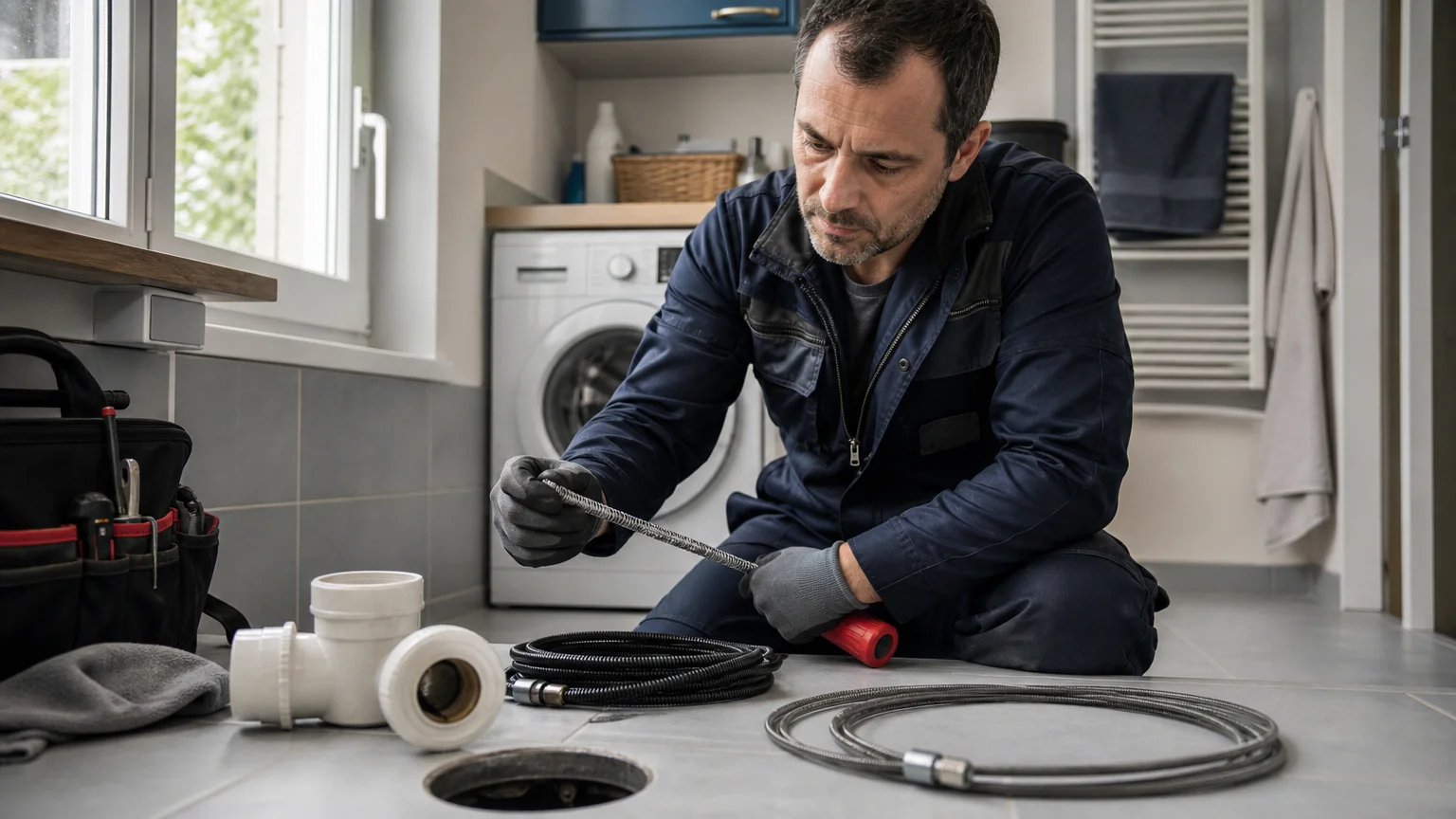 Plombier choisissant un furet adapté à une canalisation