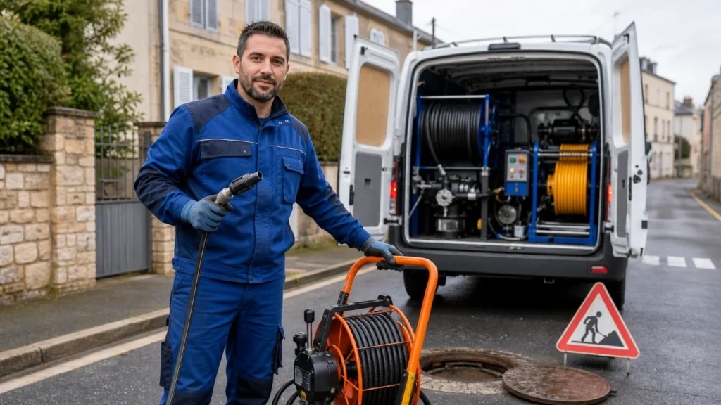 Technicien d'une entreprise de débouchage de canalisation devant son véhicule