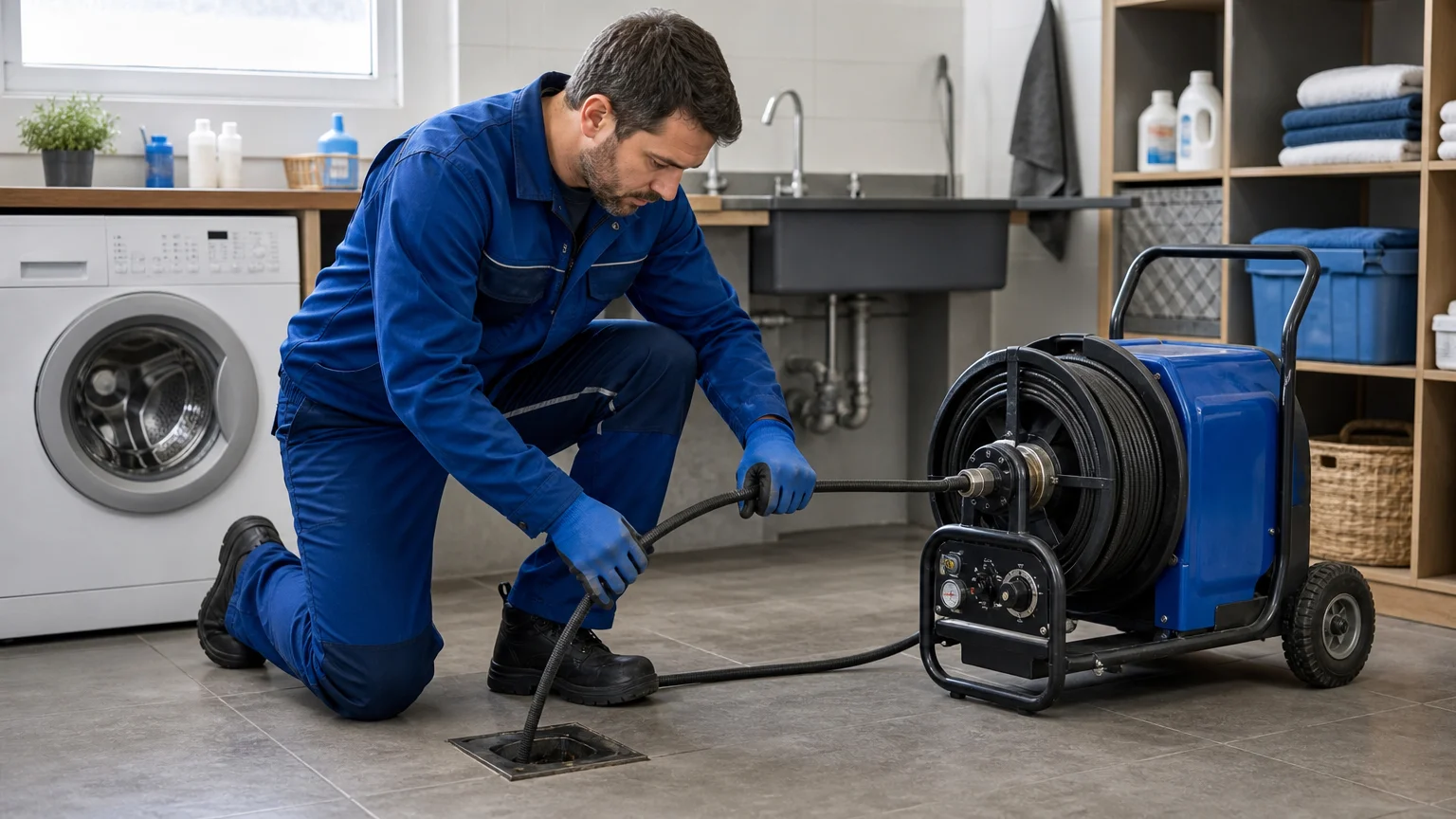Technicien réalisant un hydrocurage de canalisation