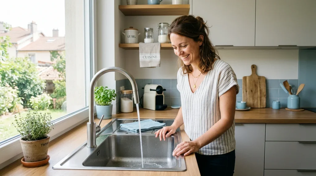 Évier de cuisine moderne dont l'eau s'écoule normalement après débouchage