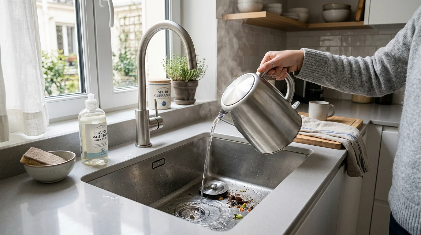 Une personne verse de l'eau bouillante dans un évier de cuisine pour le déboucher
