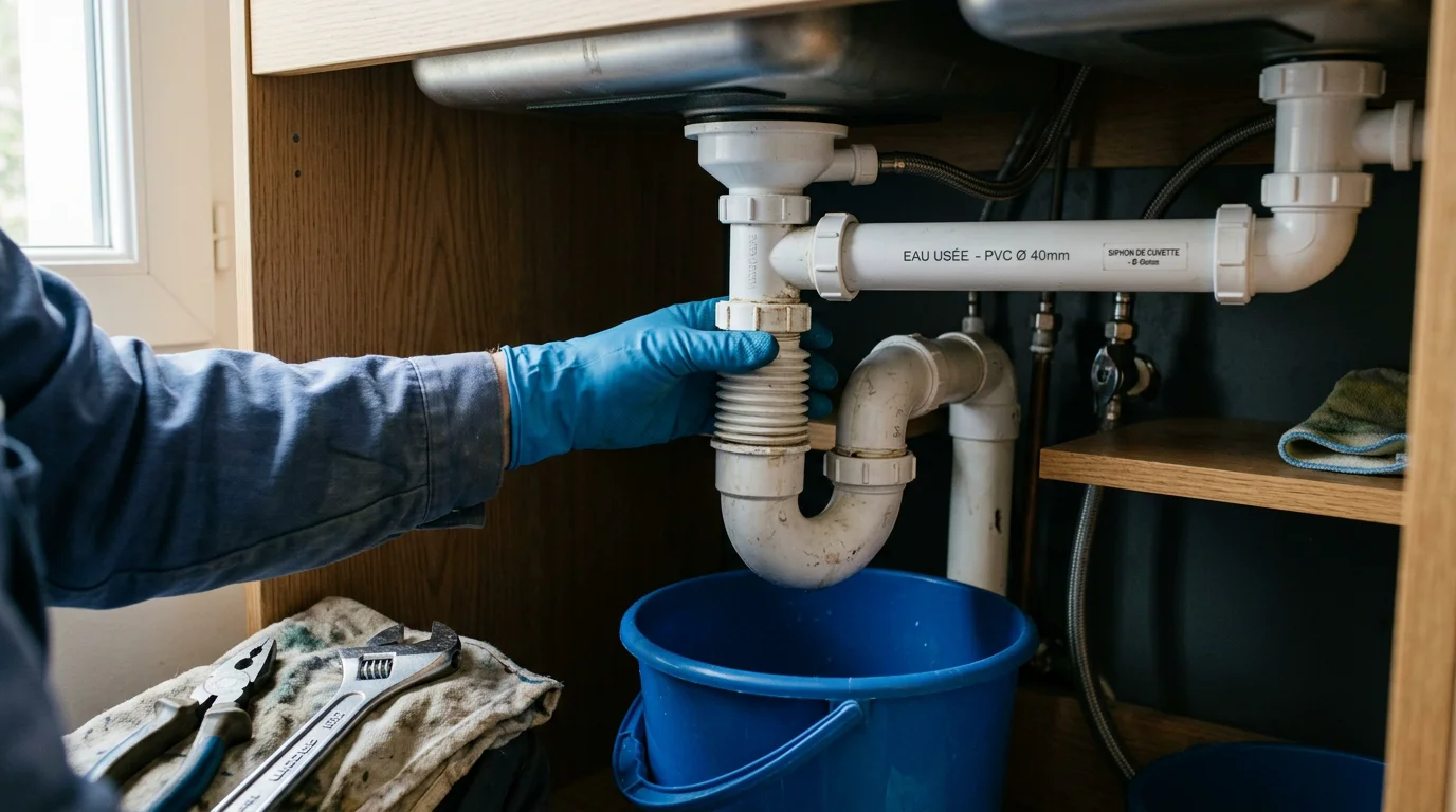 Démontage du siphon d'un évier avec des gants et une bassine pour retirer le bouchon