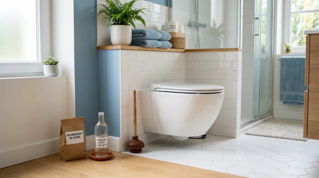 Ingrédients naturels et ventouse pour déboucher les toilettes posés dans une salle de bain