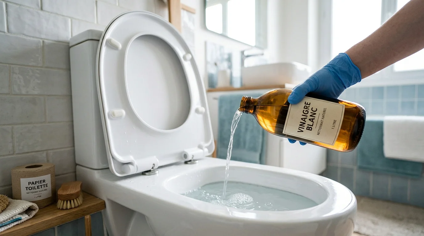 Main versant du vinaigre blanc dans une cuvette de toilettes pour déboucher