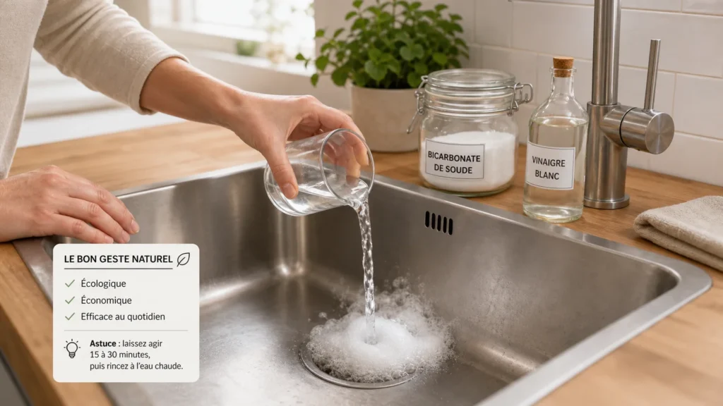 Débouchage naturel d'un évier avec vinaigre blanc et bicarbonate de soude