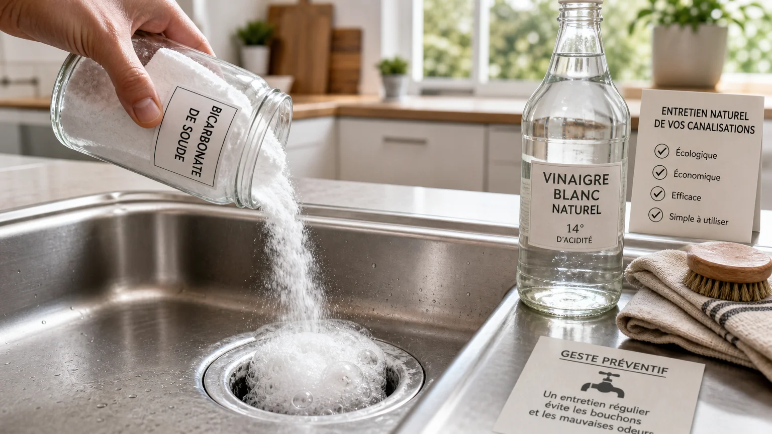 Bicarbonate de soude versé dans l'évacuation d'un évier avec réaction effervescente