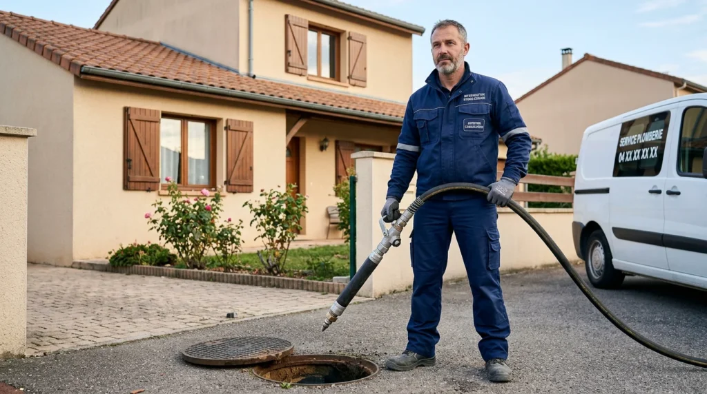 Technicien tenant une buse d'hydrocurage haute pression devant une maison