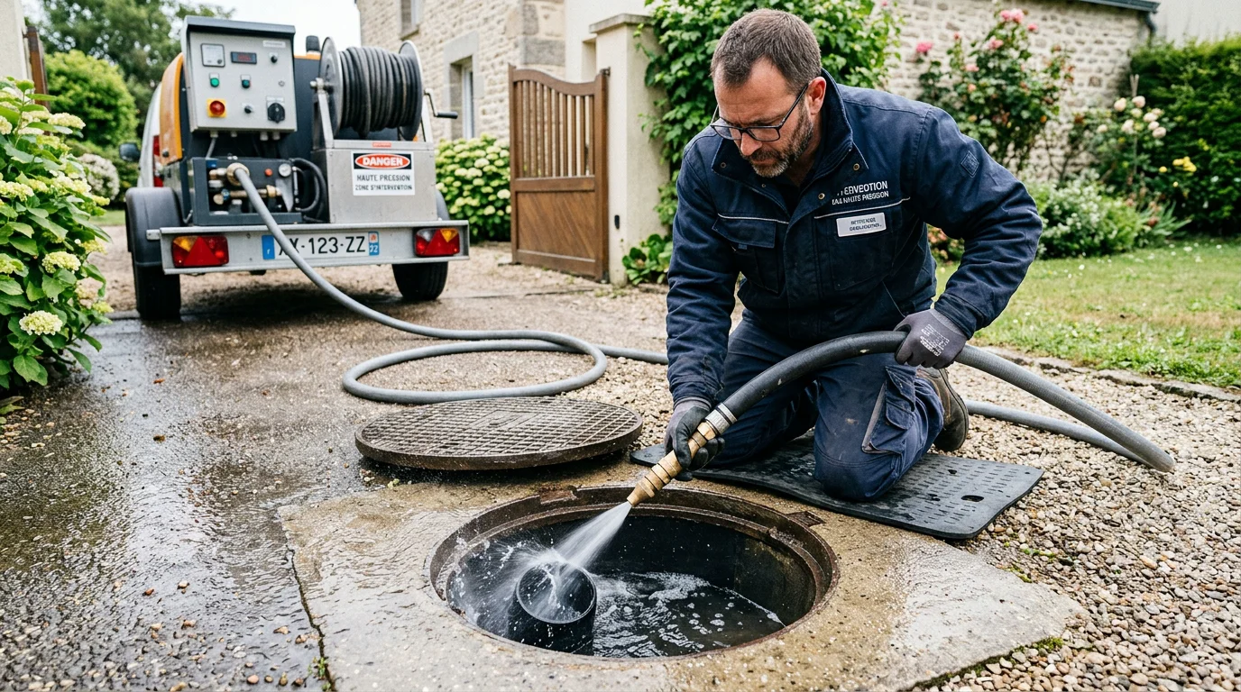 Technicien réalisant un hydrocurage haute pression sur une canalisation extérieure