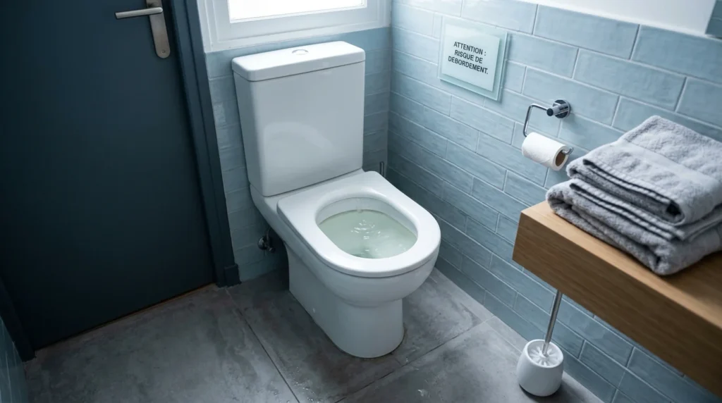 WC bouché dont l'eau remonte dans une salle de bain, illustrant une urgence de débouchage