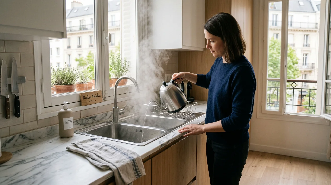 Eau bouillante versée dans un évier de cuisine pour dissoudre un bouchon de graisse