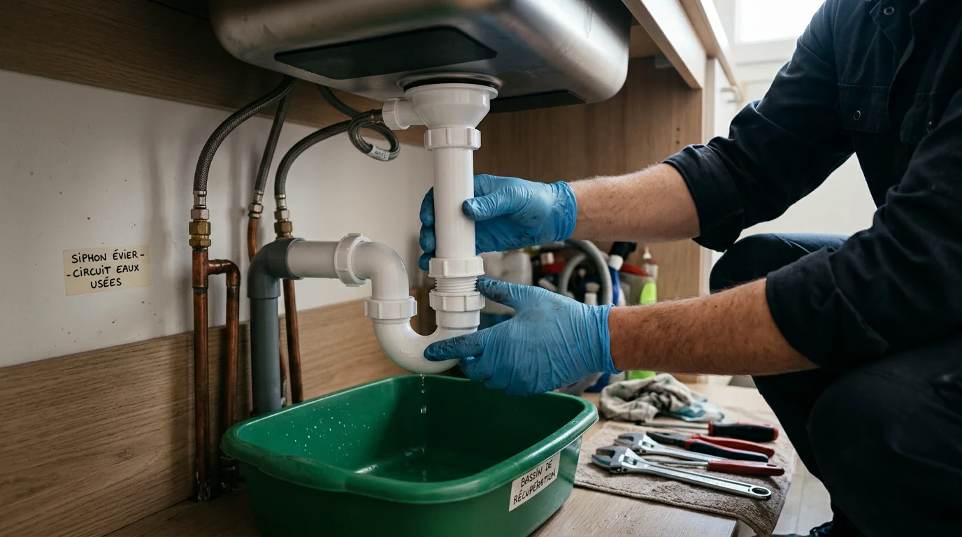 Démontage manuel du siphon d'un évier de cuisine au-dessus d'une bassine