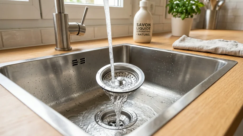 Évier de cuisine propre avec un écoulement d'eau parfaitement rétabli