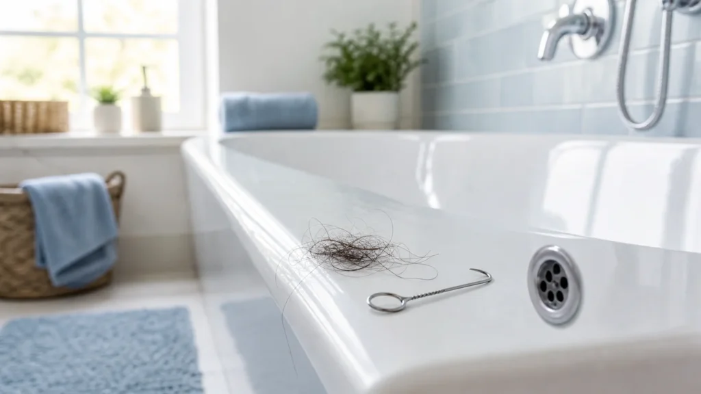 Baignoire blanche propre avec outil de débouchage posé près de la bonde