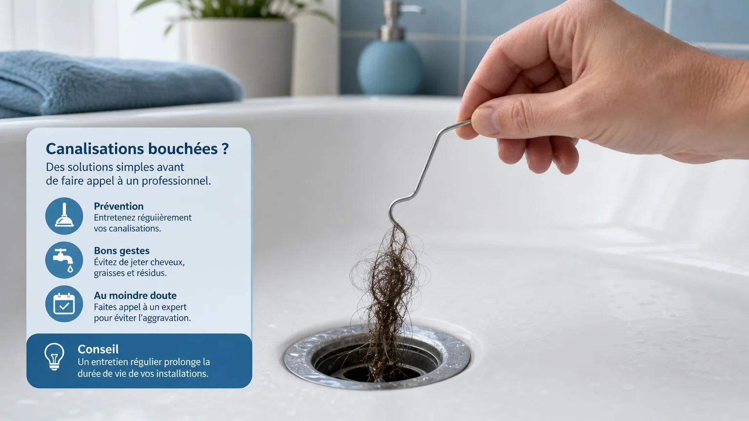 Retrait d'un amas de cheveux dans la bonde d'une baignoire à l'aide d'un crochet