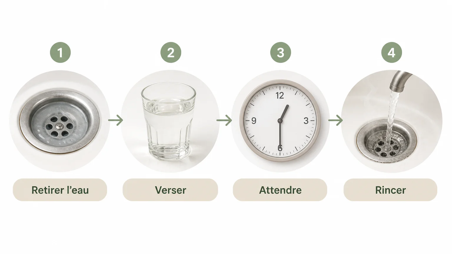 Checklist illustrée pour utiliser du vinaigre blanc dans un évier bouché