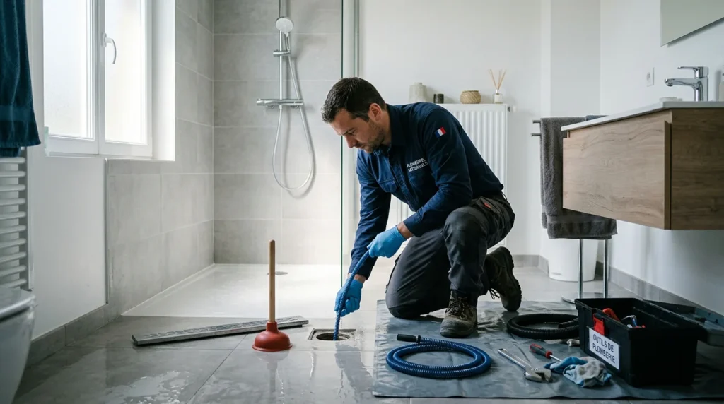 Intervention de débouchage de canalisation dans une salle de bain