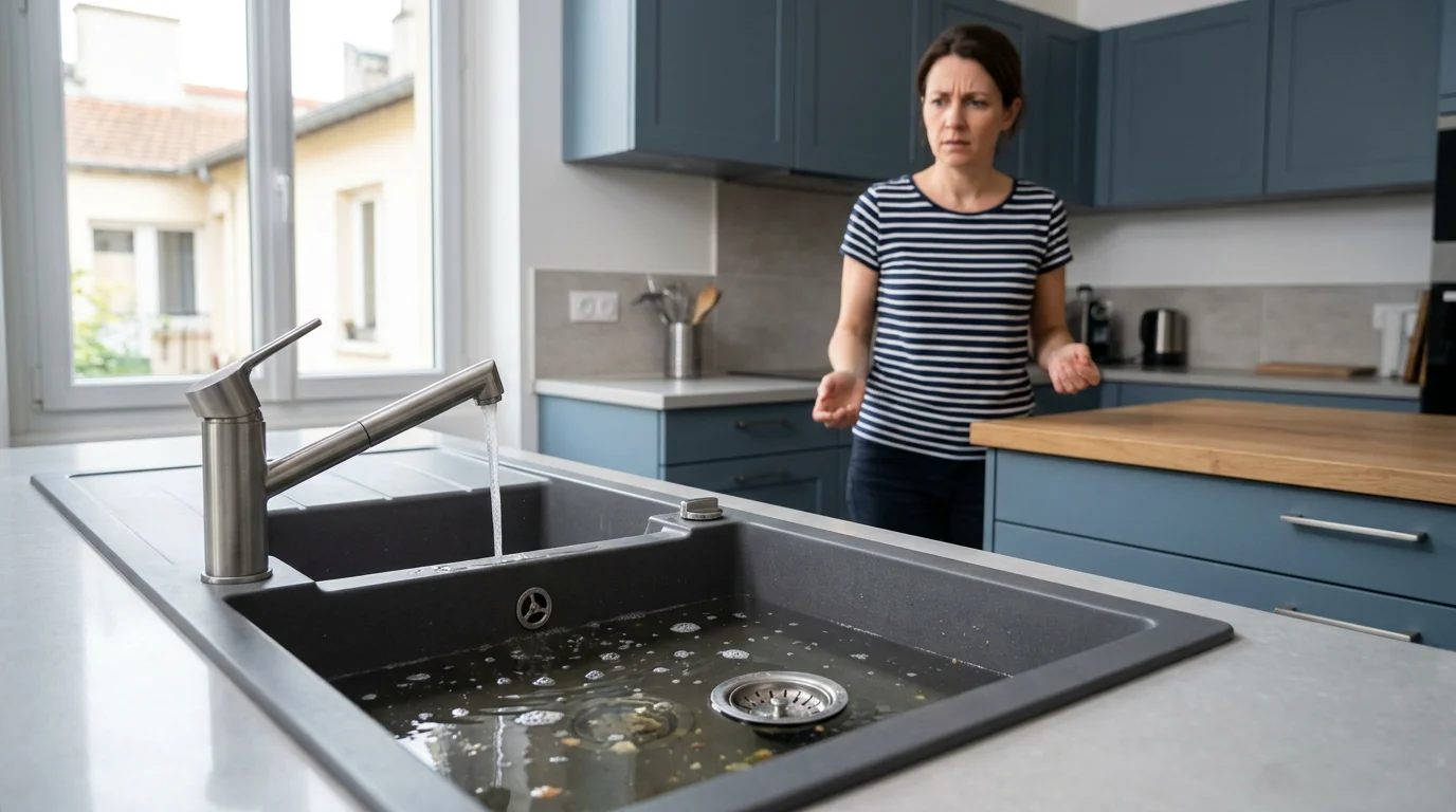 Évier de cuisine qui s'écoule lentement, signe d'une canalisation bouchée