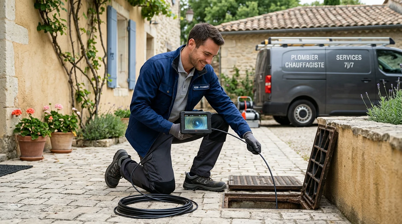 Technicien déboucheur utilisant une caméra d'inspection sur une canalisation extérieure