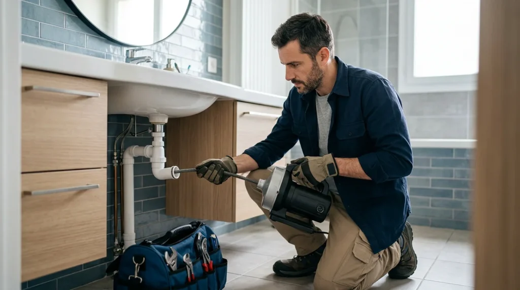 Technicien professionnel débouchant une canalisation sous un lavabo