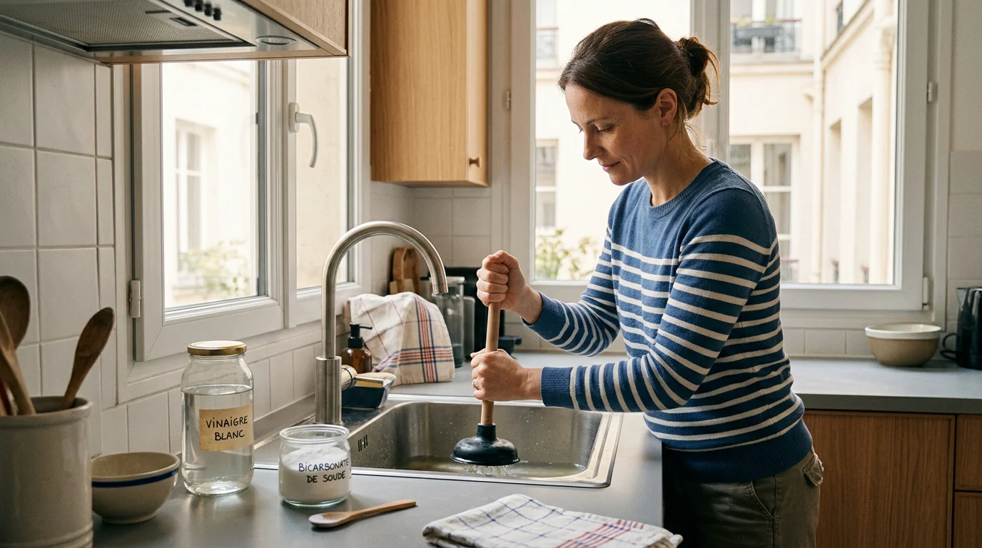 Personne débouchant un évier de cuisine avec une ventouse et du vinaigre blanc