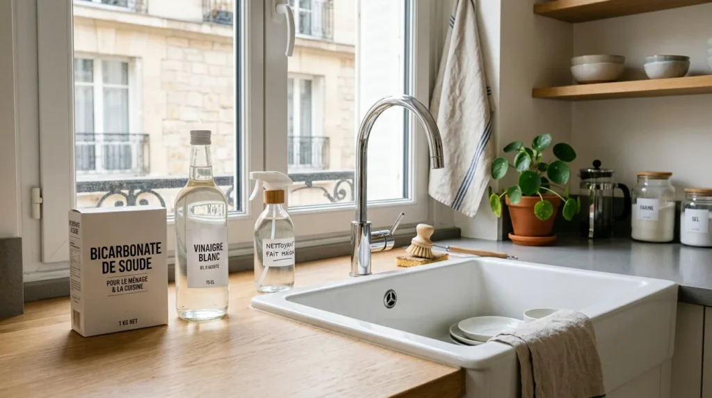 Bicarbonate de soude et vinaigre blanc près d'un évier pour déboucher une canalisation