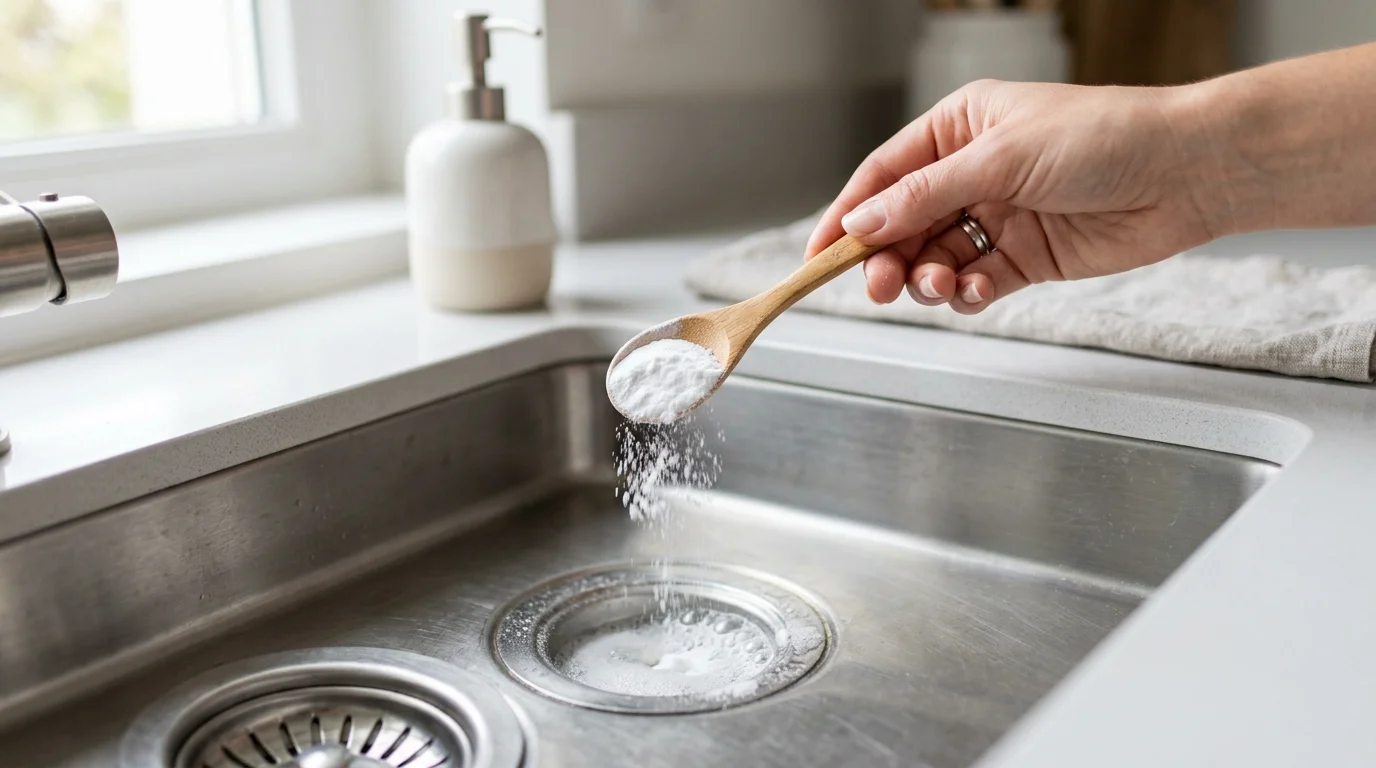 Bicarbonate de soude versé dans la bonde d'un évier pour déboucher une canalisation
